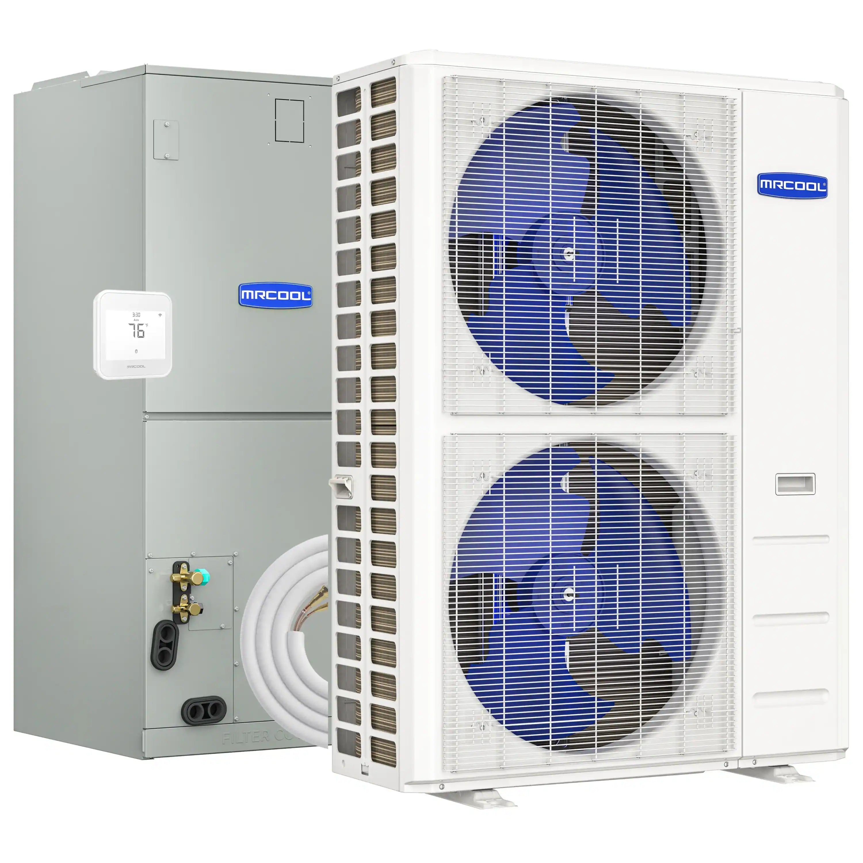 MRCOOL Hyper Heat 2nd Gen 60K BTU, 5 Ton, 16 SEER2 Heat Pump Condenser and Ducted Air Handler with 50 Ft. R-454B No-Vac Line Set (CENTRAL-60-HP-230B50)