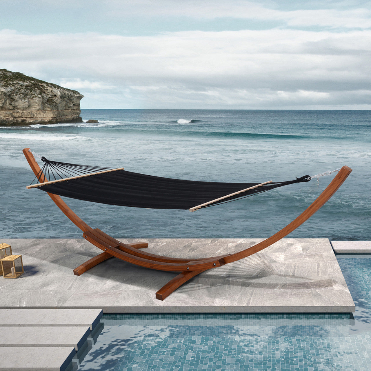 Deko Living Outdoor Cedar Wood Hammock with Black Textilene Fabric (COP20208BLK)