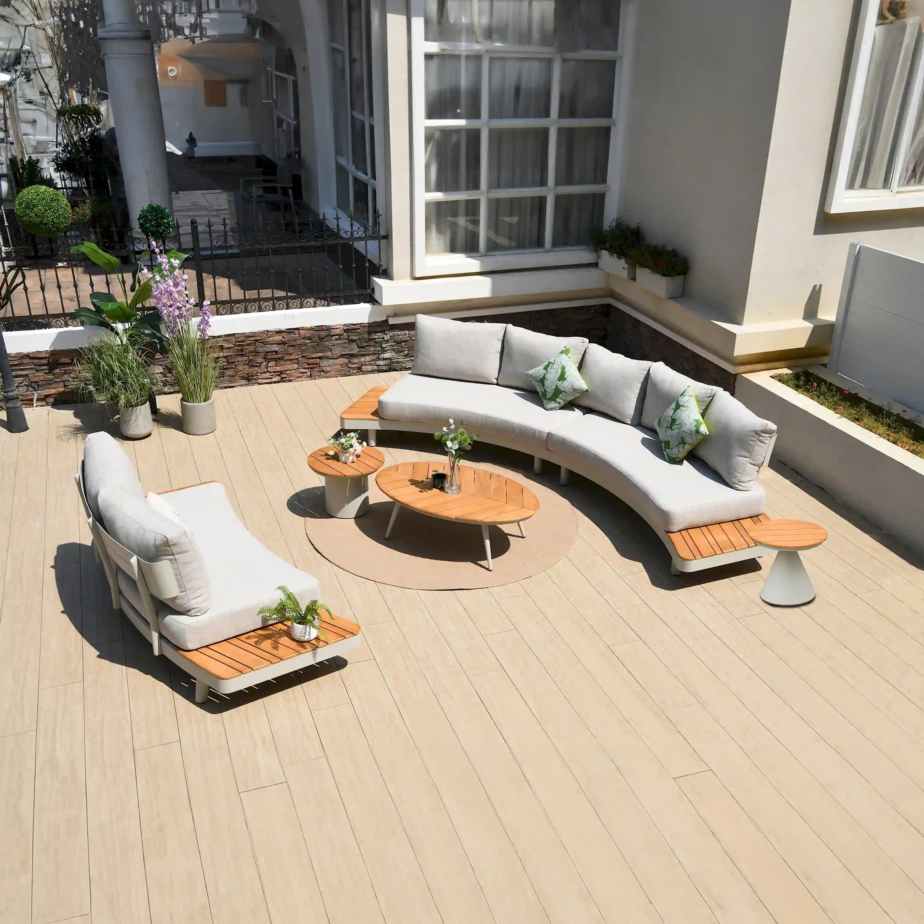 Deko Living 6 Piece Seating Outdoor Cream Aluminum and Teak Contour Sofa Set (COP30013)