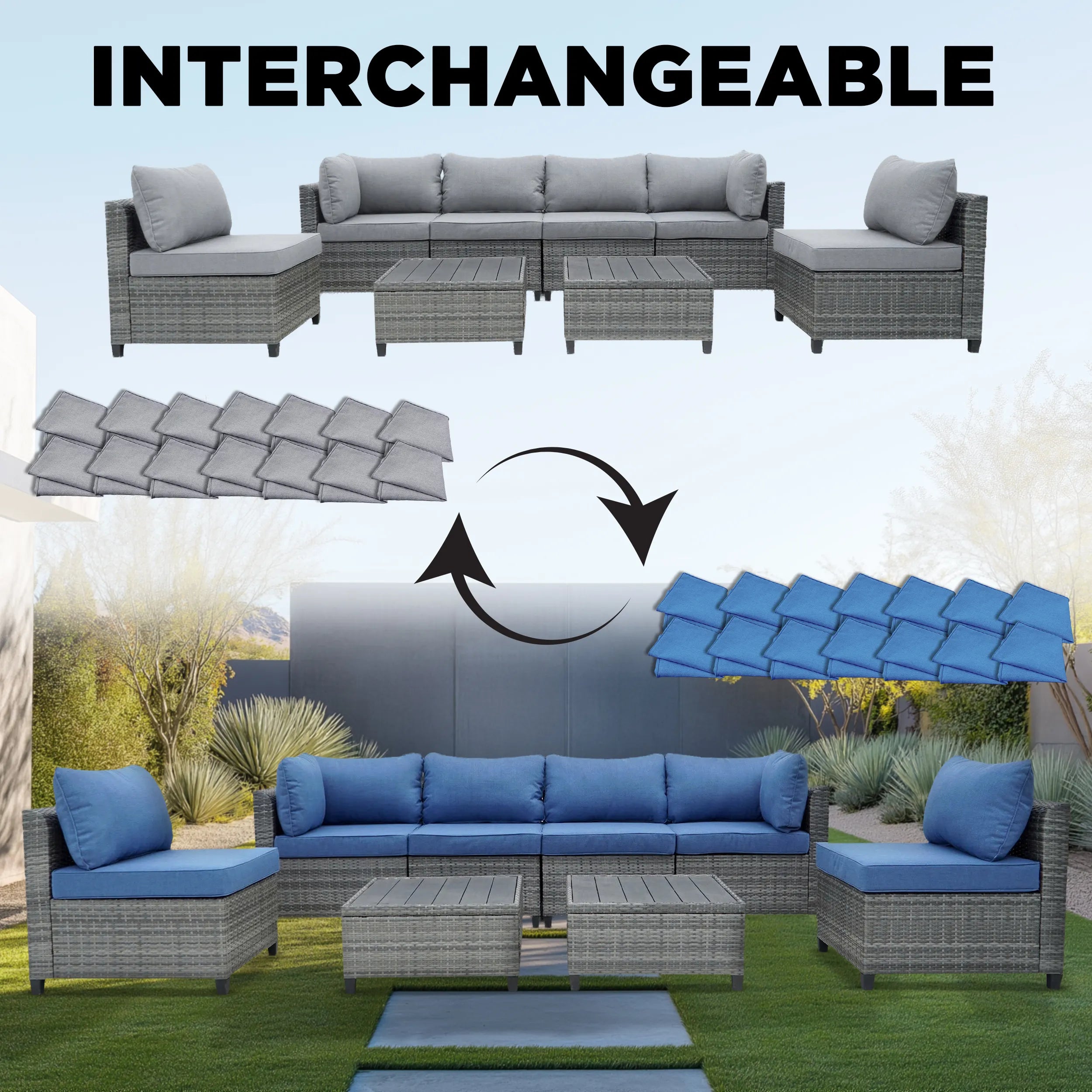 Deko Living 8 Piece Gray Outdoor Sectional Wicker Sofa Chairs and Tables  with Interchangeable Blue and Gray Cushion Covers (COP30111)