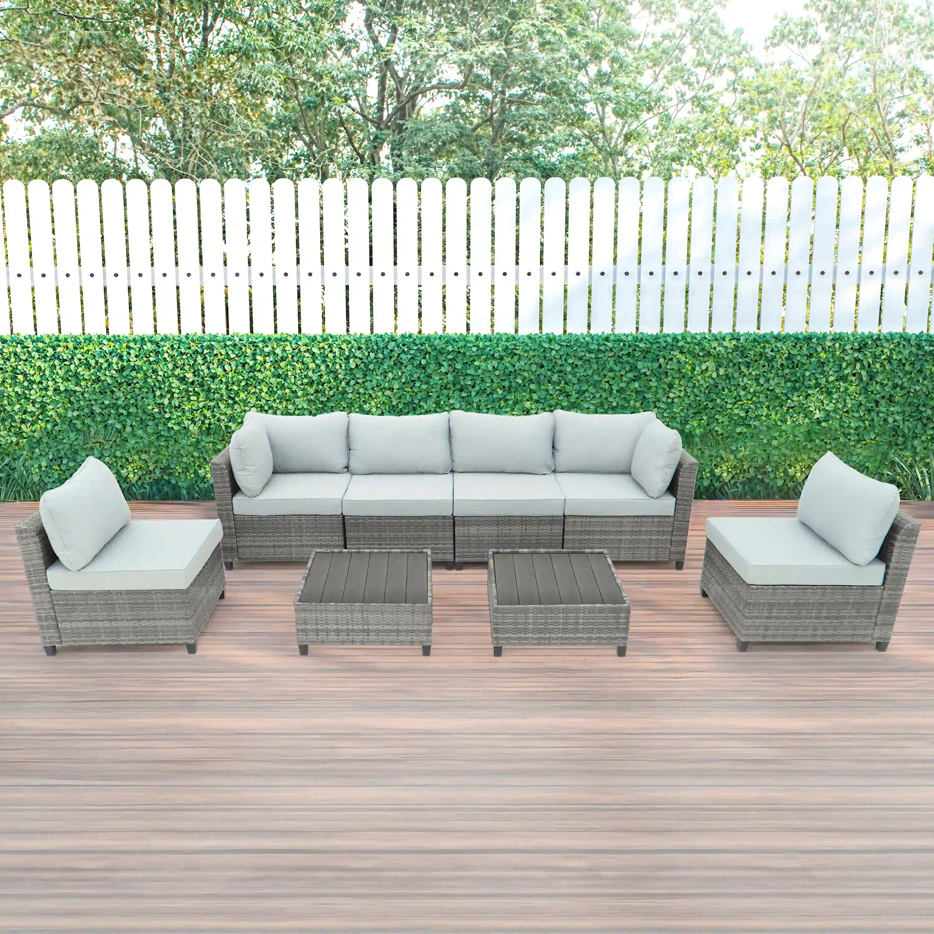 Deko Living 8 Piece Gray Outdoor Sectional Wicker Sofa Chairs and Tables  with Interchangeable Blue and Gray Cushion Covers (COP30111)