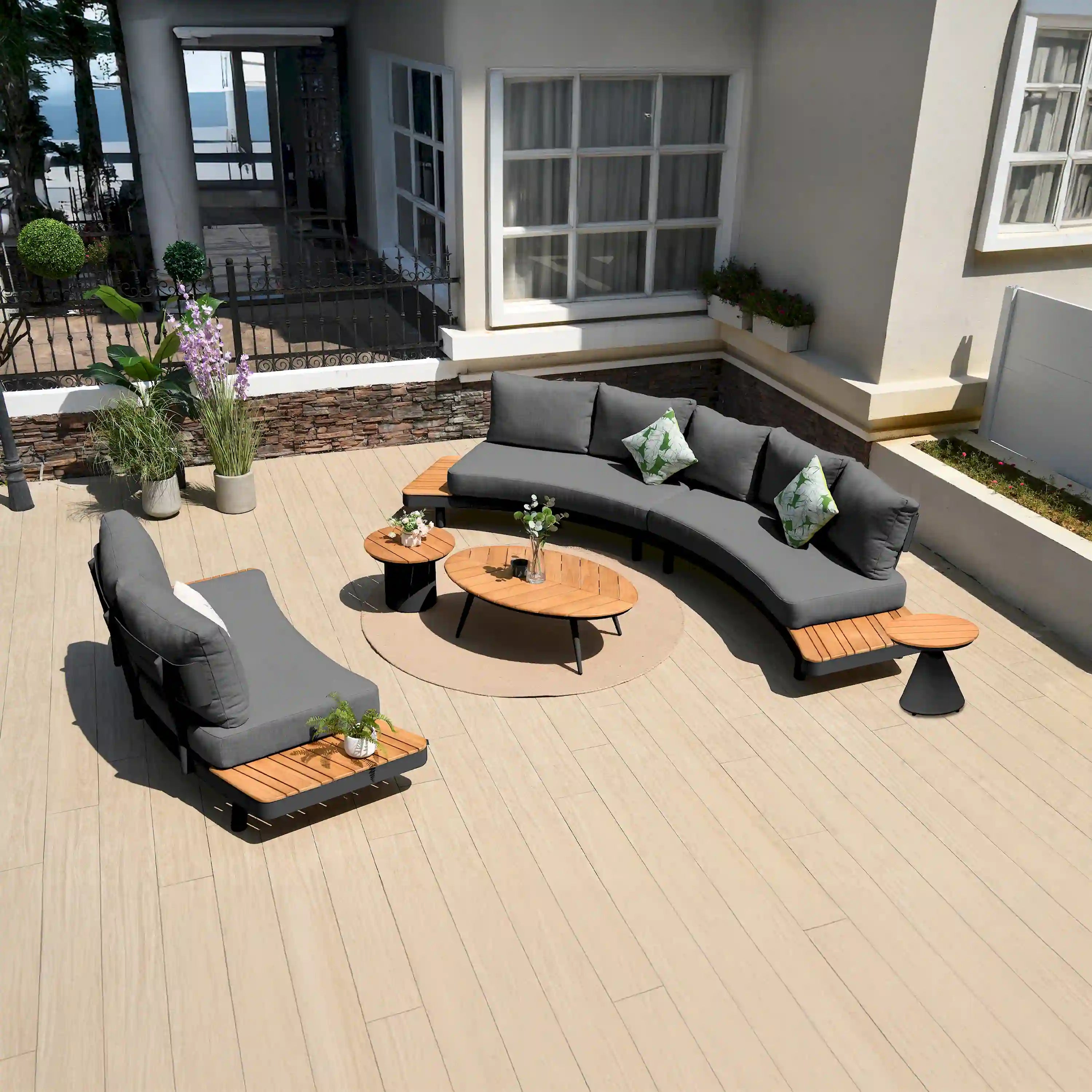 Deko Living 6 Piece Seating Outdoor Gray Aluminum and Teak Contour Sofa Set (COP30113)
