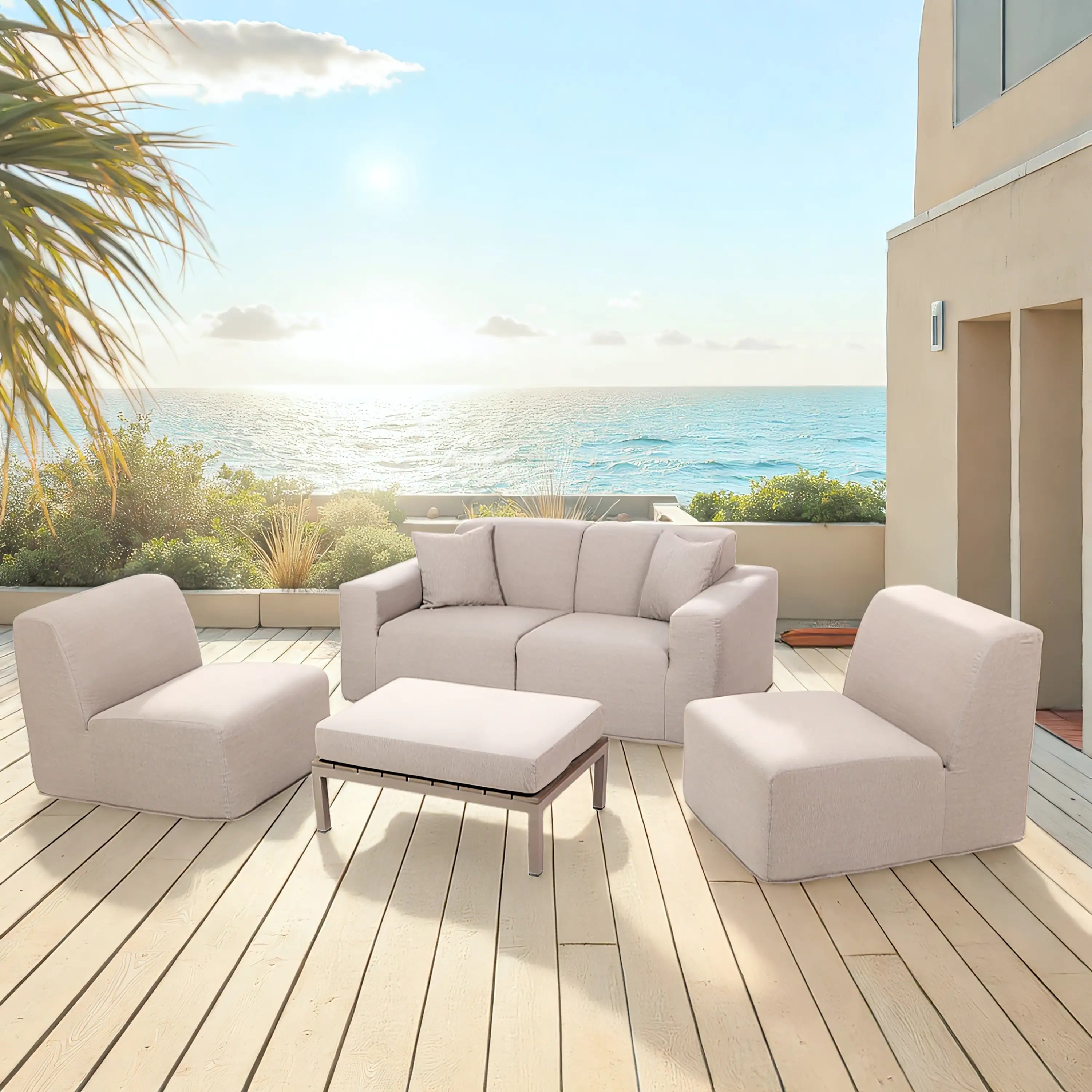 Deko Living 4 Piece Seating Beige Outdoor Compressed Foam Sectional Sofas and Ottoman Set (COP30217)