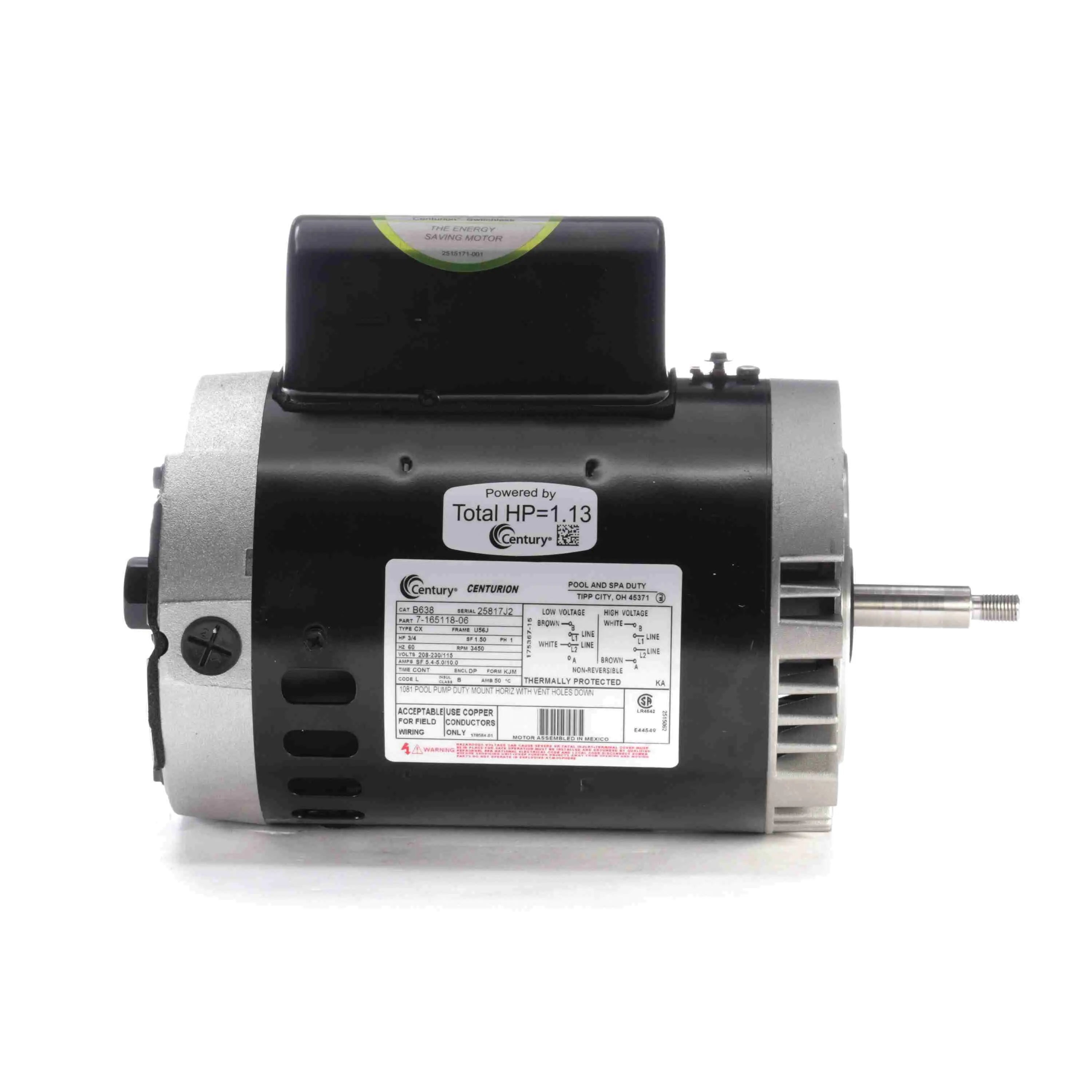 Century | B638 | 3/4 HP Pool & Spa Pump Motor – Permanent Split Capacitor, 56J Frame