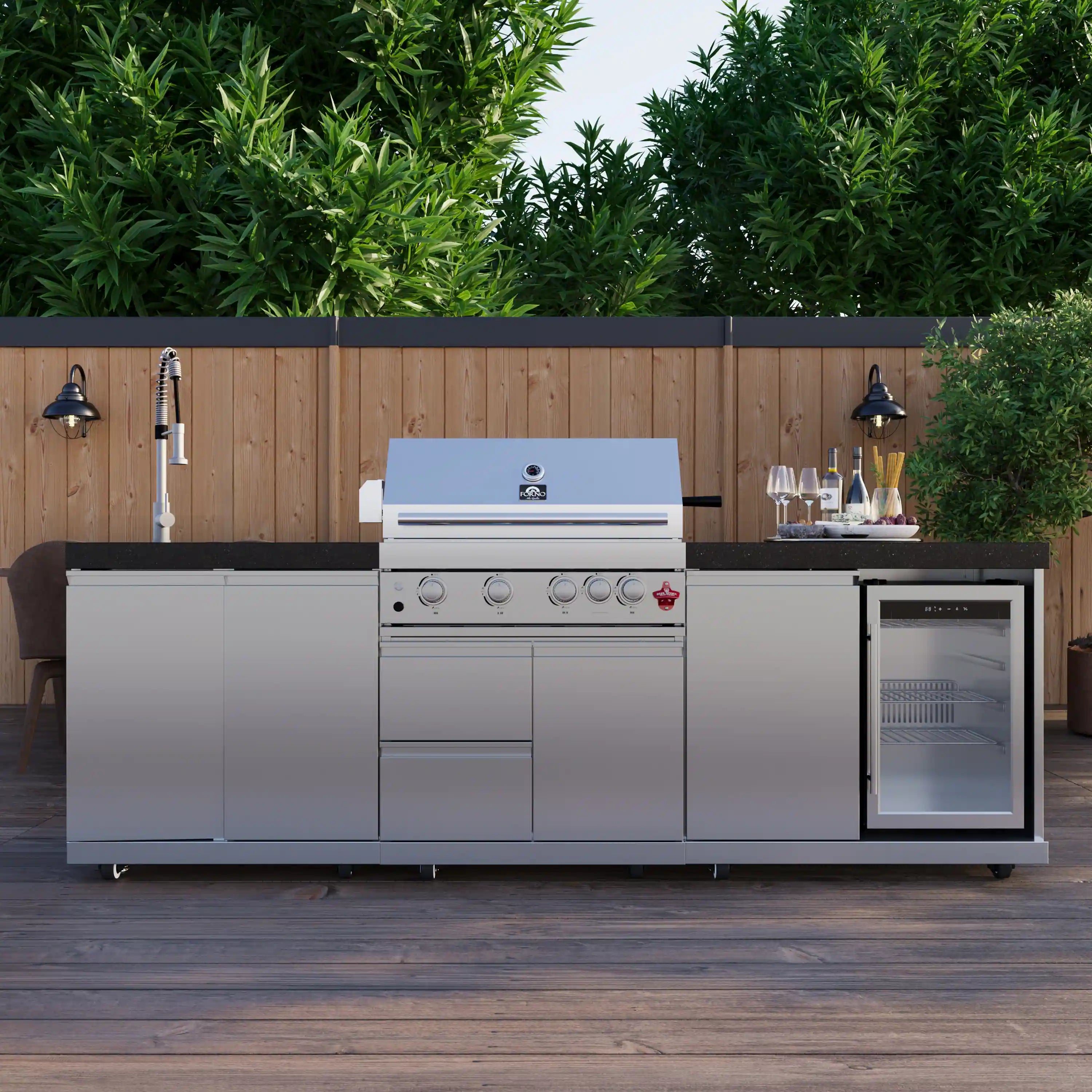 Forno Bulnes Outdoor Kitchen 30-Inch BBQ 60,000 BTU, with Sear, Rotisserie Infrared Burners, 1.8 Cu.Ft. Beverage Center, & Black Countertops (FODKT2506BLK)