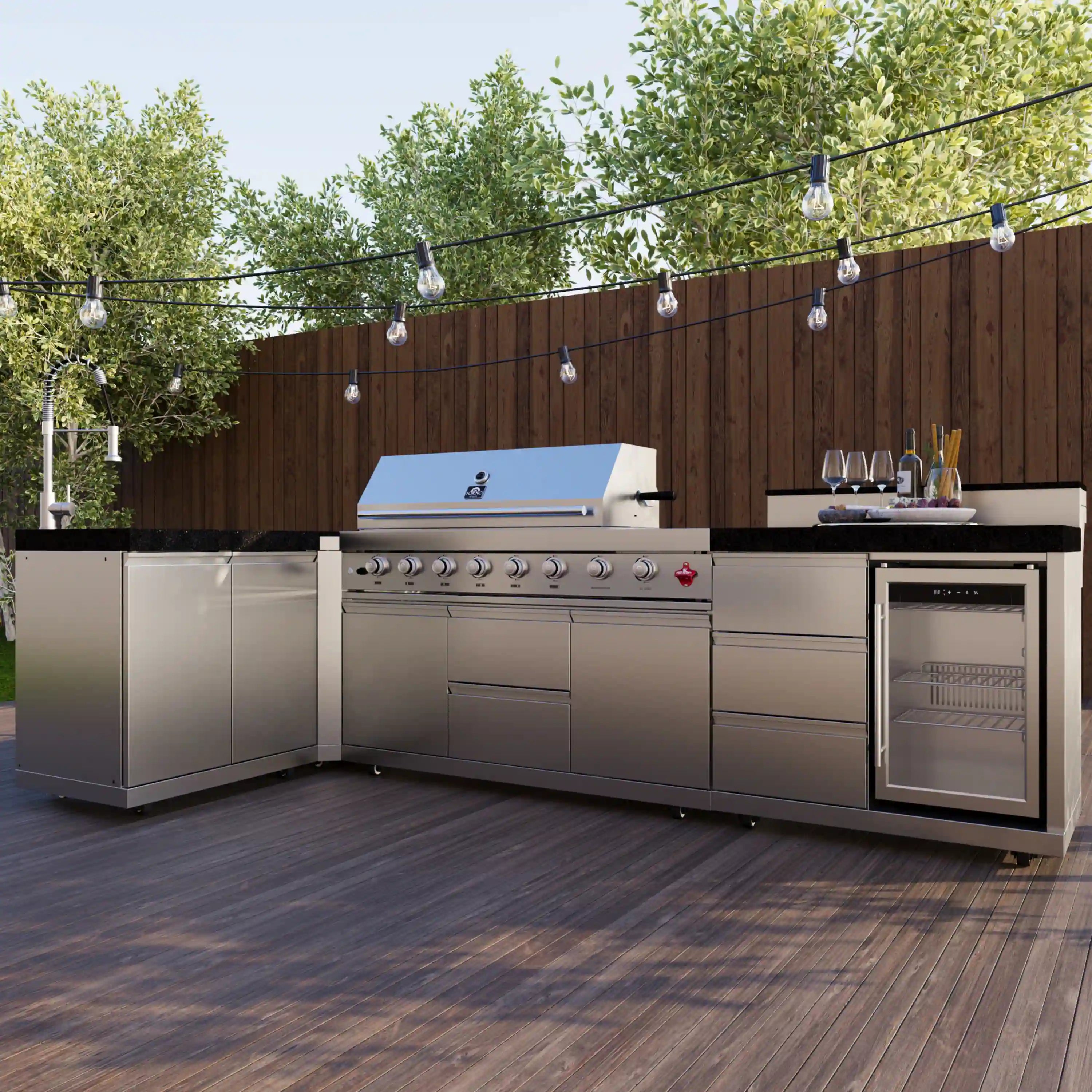 Forno Bulnes Outdoor Kitchen 40-Inch BBQ 95,000 BTU, with 5 Burners, Sear & Rotisserie Infrared Side Burner, 1.8 cu.ft. Beverage Center & Black Granite Countertops (FODKT2520BLK)