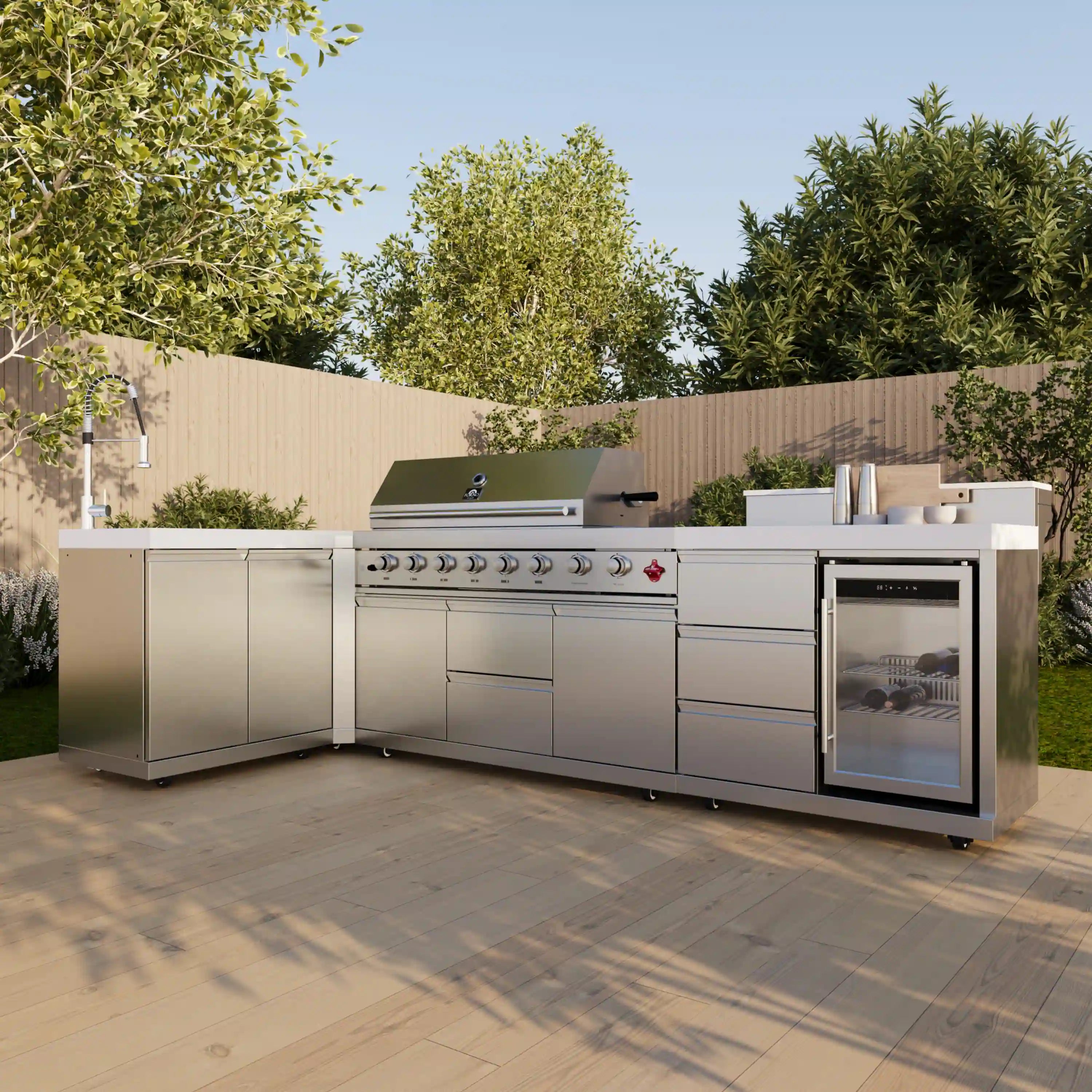 Forno Bulnes Outdoor Kitchen 40-Inch BBQ 95,000 BTU, with 5 Burners, Sear & Rotisserie Infrared Side Burner, 1.8 cu.ft. Beverage Center & White Sintered Stone Countertops (FODKT2520WHT)