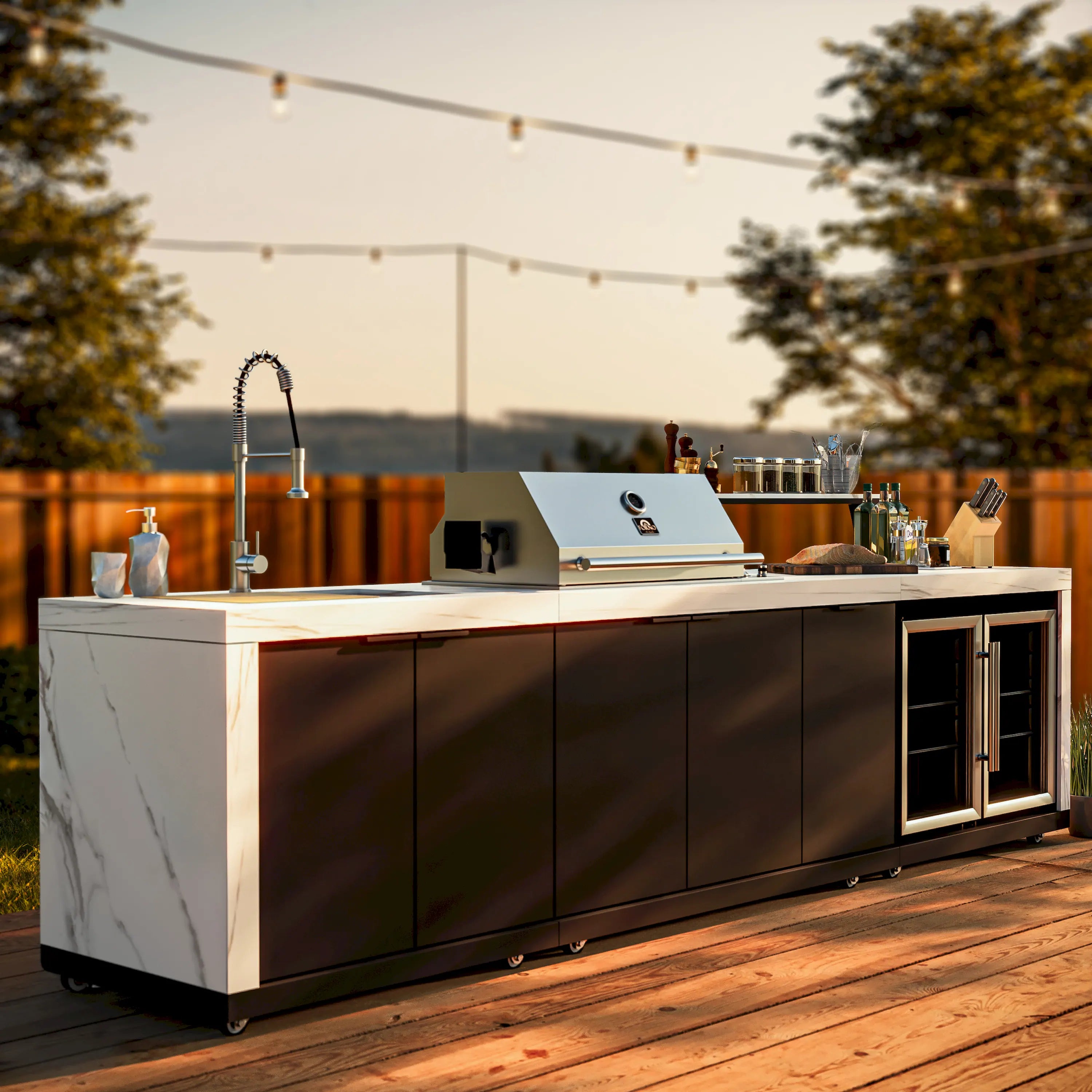 Forno Rimini Outdoor Kitchen 30-Inch BBQ 62,000 BTU, 4.8 cu.ft. Beverage Center, Stainless Steel Sink, White Countertops (FODKT2575WHT)