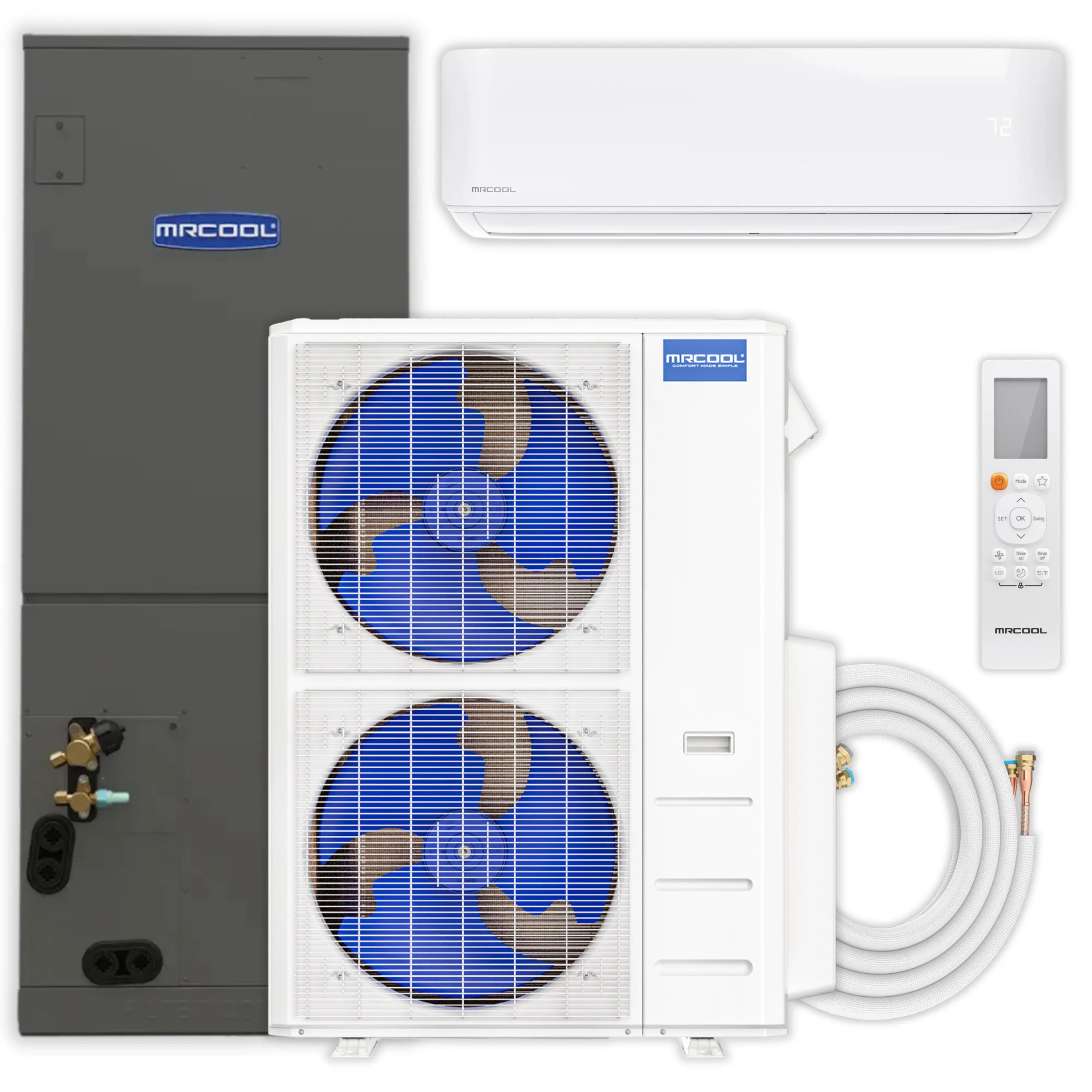 MRCOOL DIY Hybrid Central Split System - 2-Zone 48K BTU Condenser with  36K Ducted Air Handler and 6K Wall Mounted Air Handler