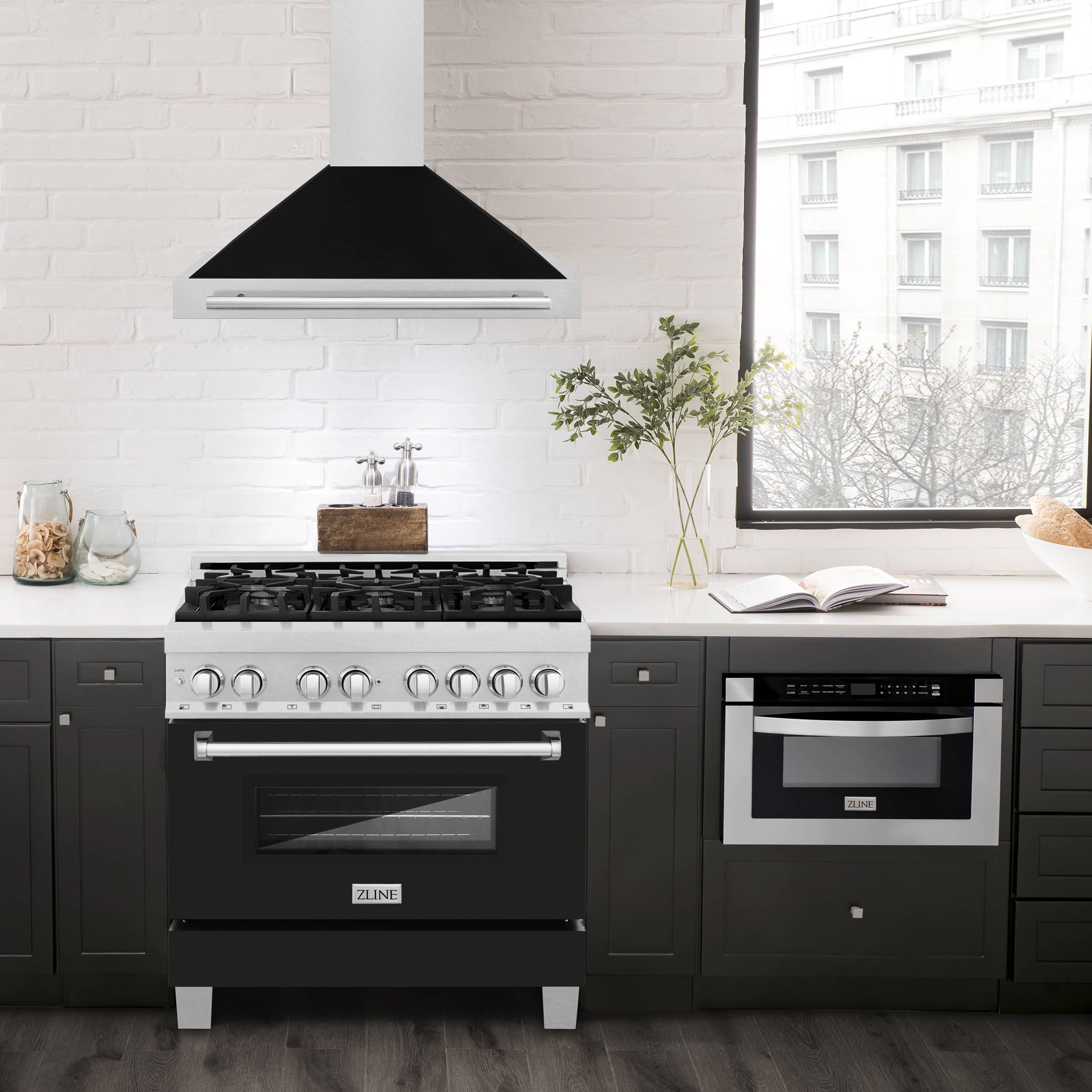 ZLINE 36-Inch Wall Mounted Range Hood in Satin Stainless Steel with Black Matte Shell and Stainless Steel Handle (KB4SNX-BLM-36)