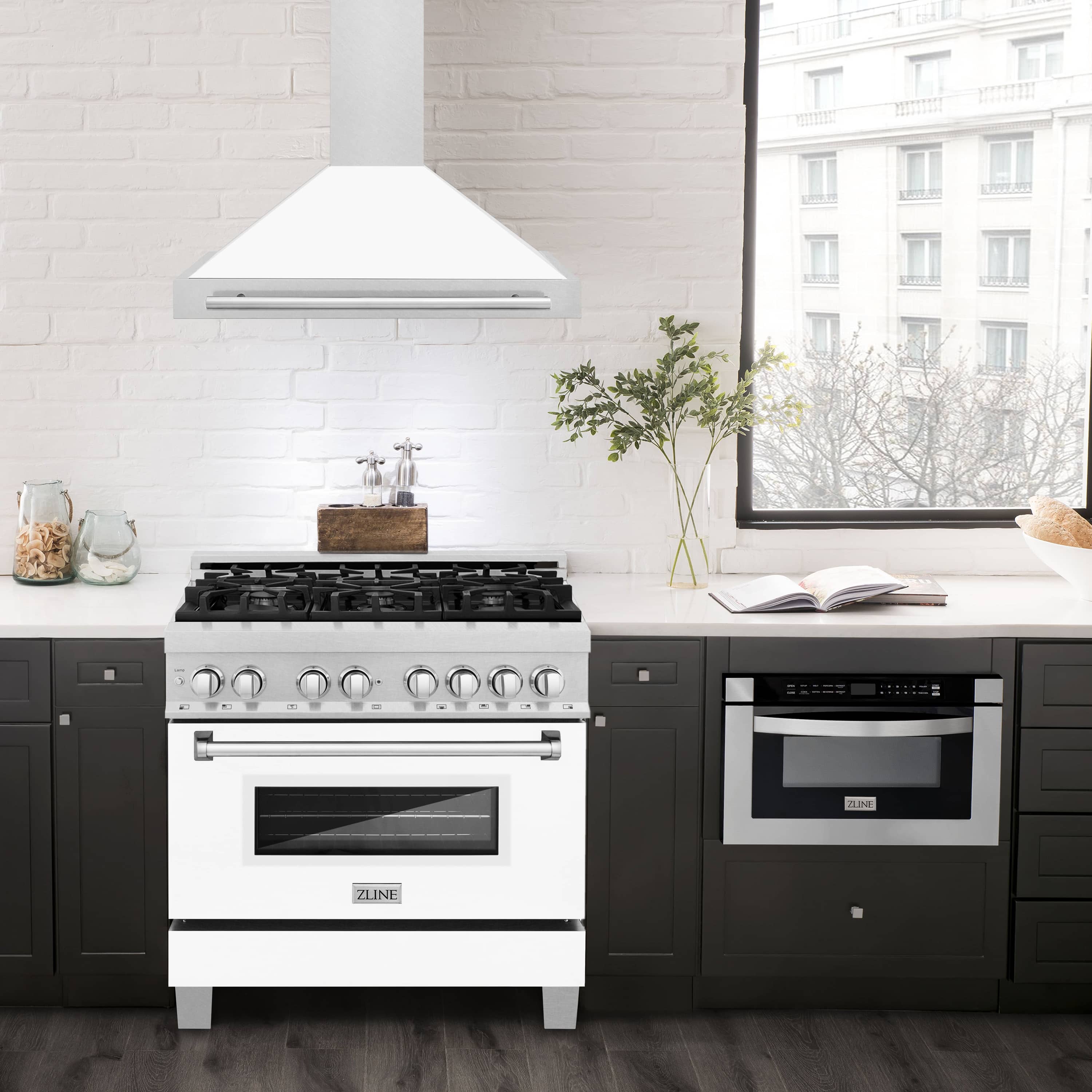 ZLINE 36-Inch Wall Mounted Range Hood in Satin Stainless Steel with White Matte Shell and Stainless Steel Handle (KB4SNX-WM-36)