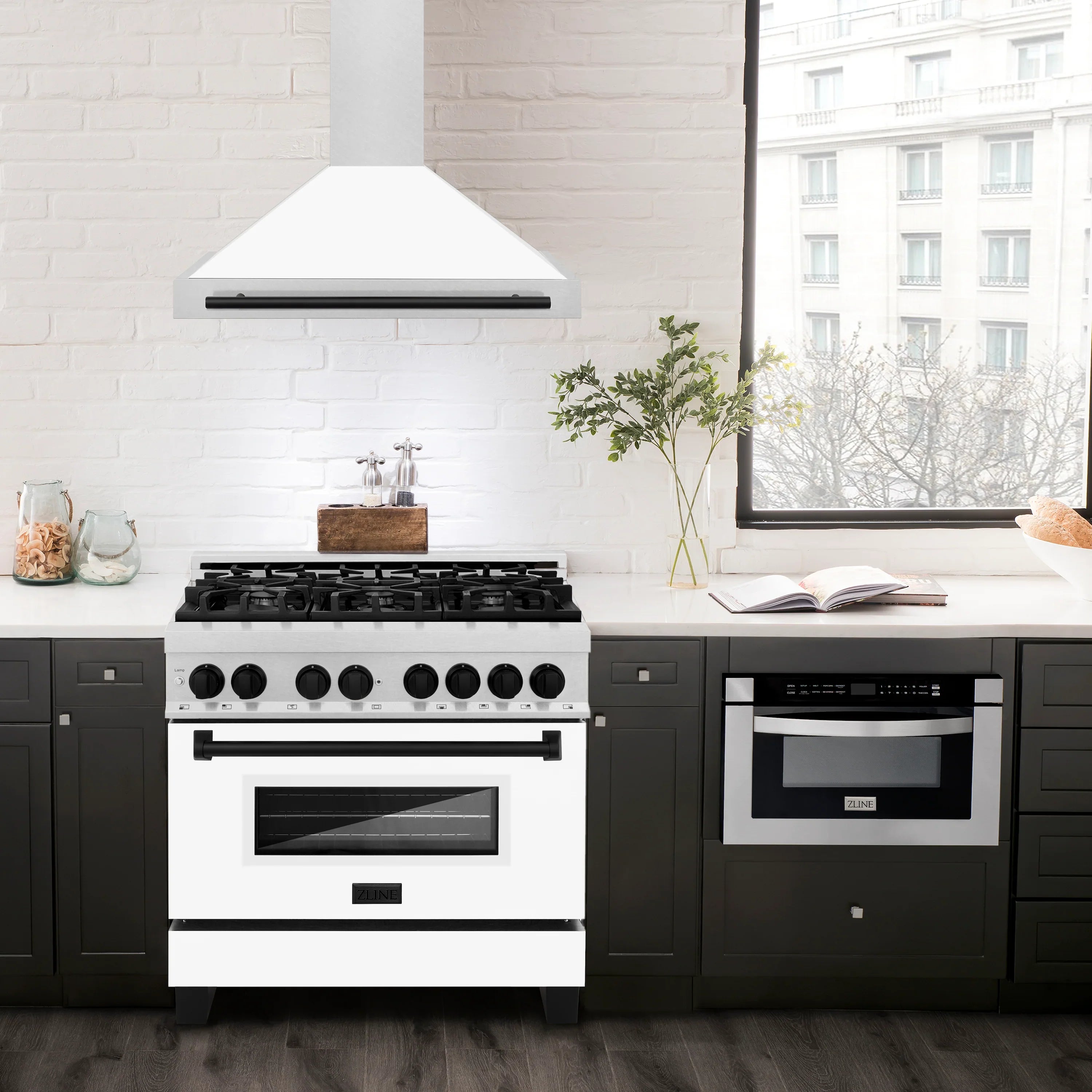 ZLINE 36-Inch Autograph Edition Wall Mounted Range Hood in Satin Stainless Steel with White Matte Shell and Matte Black Handle (KB4SNZ-WM36-MB)