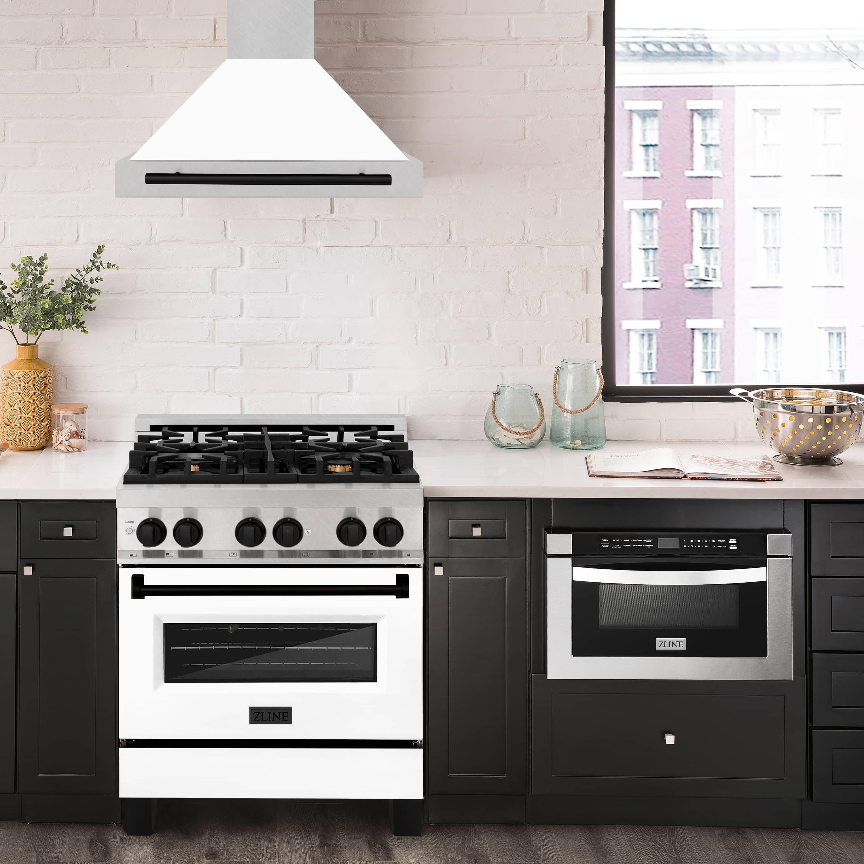 ZLINE 30-Inch Autograph Edition Wall Mounted Range Hood in Satin Stainless Steel with White Matte Shell and Matte Black Handle (KB4SNZ-WM30-MB)