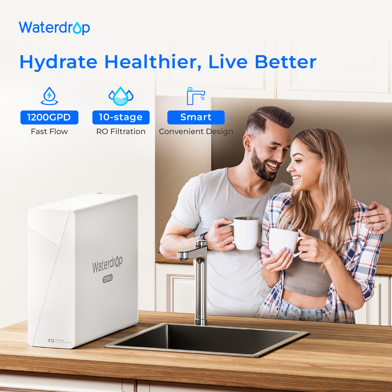 Waterdrop X12-WCS RO Water Filter, NSF/ANSI 42&58&372 Certified, 1200 GPD Undersink Reverse Osmosis System, 10-Stage Filtration, 3:1 Pure to Drain, Smart Faucet, BPA Fre