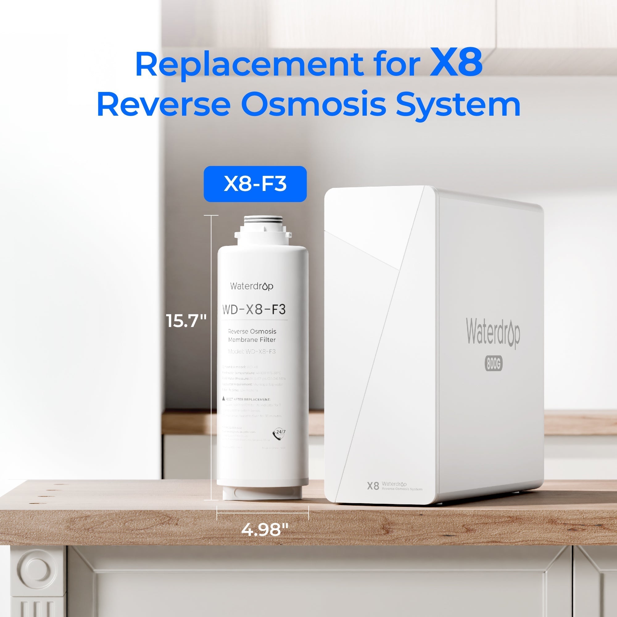 Waterdrop Filter Replacement for WD-X8-Alkaline & WD-X8-Basic & WD-X8-PRO 800 GPD Reverse Osmosis System, 24-month Lifetime, Reduce PFAS (WD-X8-F3)