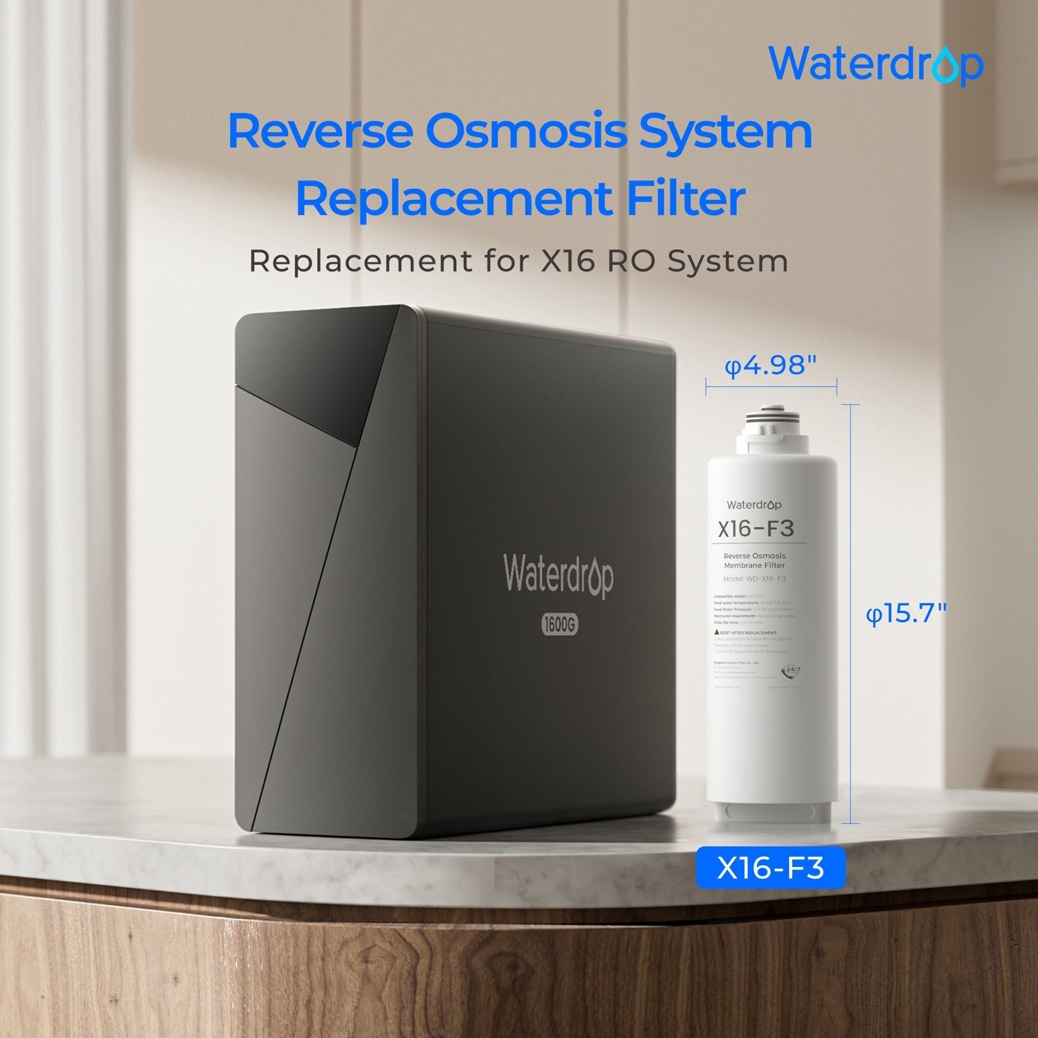 Waterdrop Filter Replacement for WD-X16-Alkaline 1600 GPD Reverse Osmosis System, 24-Month Lifetime, Reduce PFAS (WD-X16-F3)