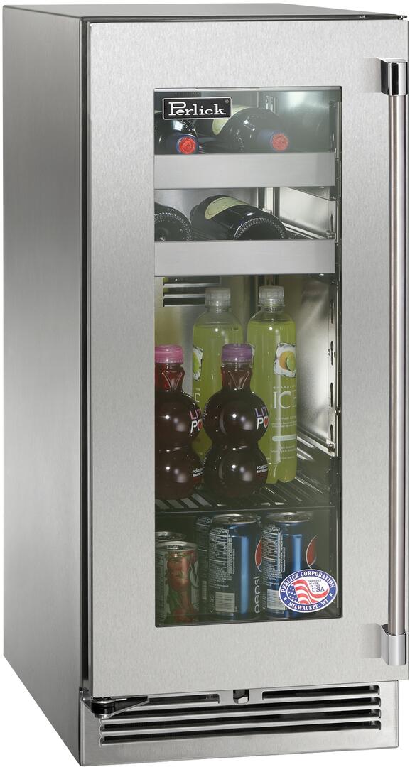 Perlick Signature Series 15-Inch Outdoor 2.8 cu. ft. Capacity Built-In Glass Door Beverage Center with 2.8 cu. ft. Capacity in Stainless Steel with Glass Door (HP15BO-4-3L & HP15BO-4-3R)