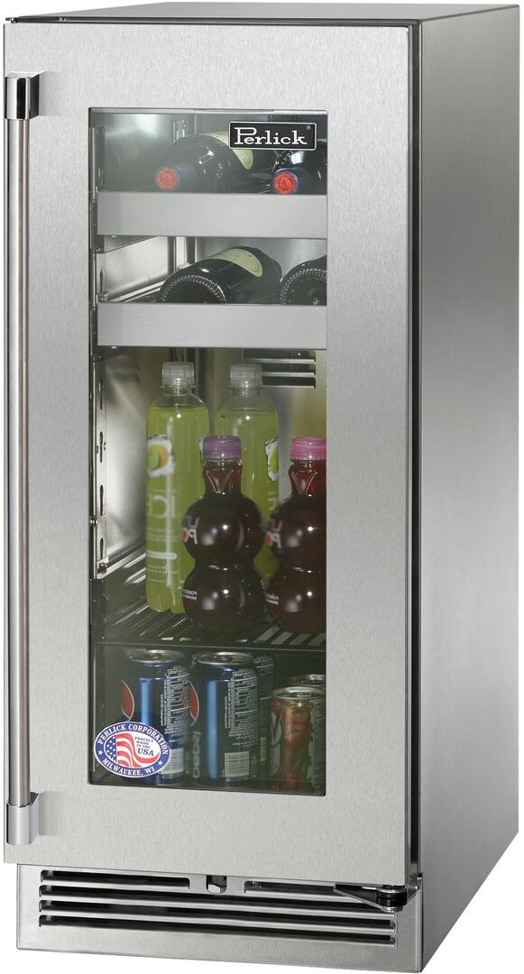 Perlick Signature Series 15-Inch Outdoor 2.8 cu. ft. Capacity Built-In Glass Door Beverage Center with 2.8 cu. ft. Capacity in Stainless Steel with Glass Door (HP15BO-4-3L & HP15BO-4-3R)