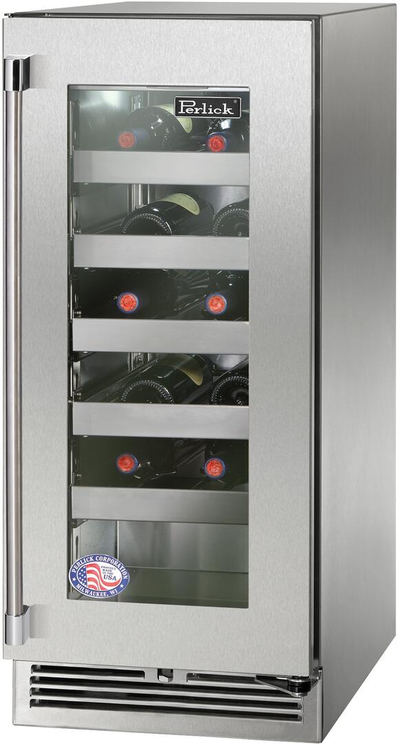 Perlick Signature Series 15-Inch Outdoor Built-In Single Zone Wine Cooler with 20 Bottle Capacity in Stainless Steel with Glass Door (HP15WO-4-3L & HP15WO-4-3R)