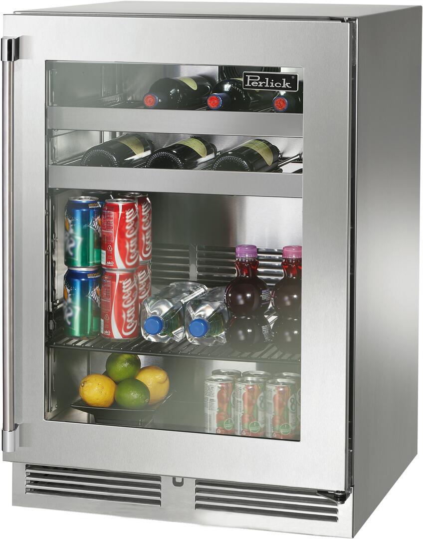 Perlick Signature Series 24-Inch Outdoor 5.2 cu. ft. Capacity Built-In Glass Door Beverage Center with 5.2 cu. ft. Capacity in Stainless Steel with Glass Door (HP24BO-4-3L & HP24BO-4-3R)