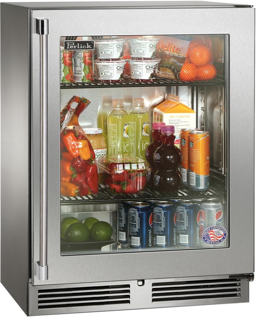 Perlick Signature Series 24-Inch Outdoor Built-In Counter Depth Compact Refrigerator with 3.1 cu. ft. Capacity in Stainless Steel with Glass Door (HH24RO-4-3L & HH24RO-4-3R)