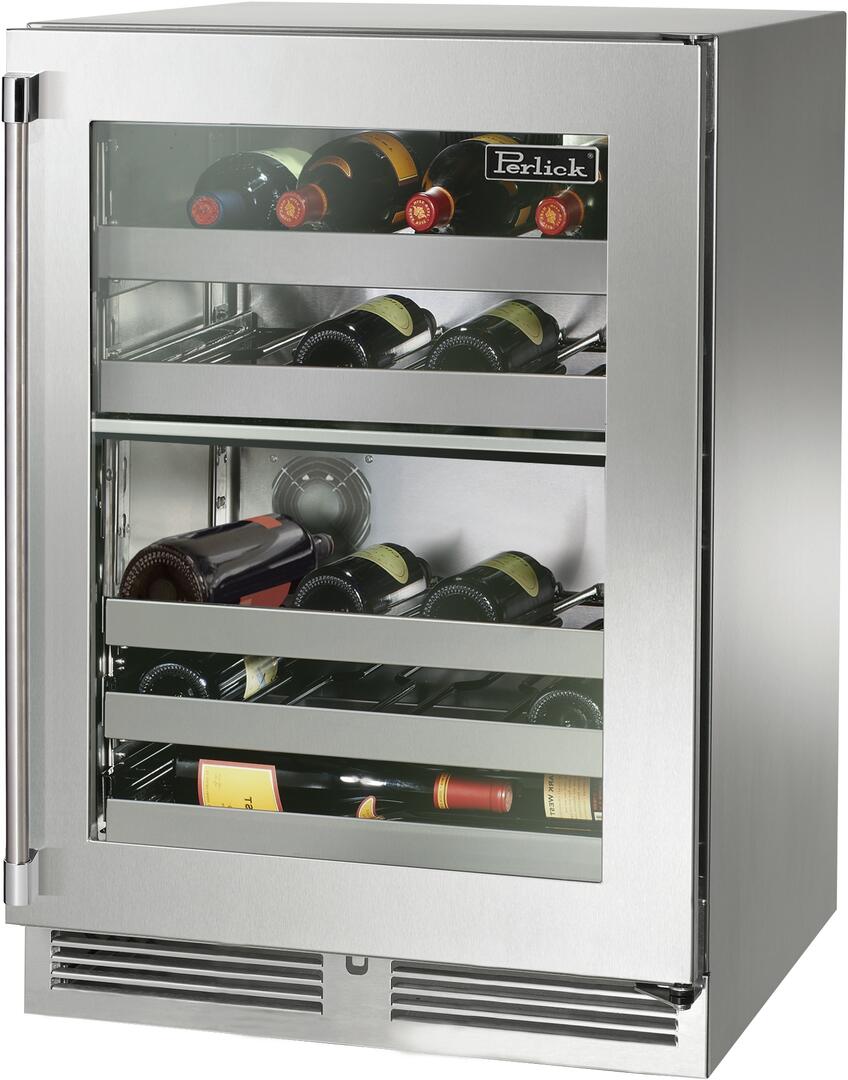Perlick Signature Series 24-Inch Outdoor Built-In Dual Zone Wine Cooler with 32 Bottle Capacity in Stainless Steel with Glass Door (HP24DO-4-3L & HP24DO-4-3R)
