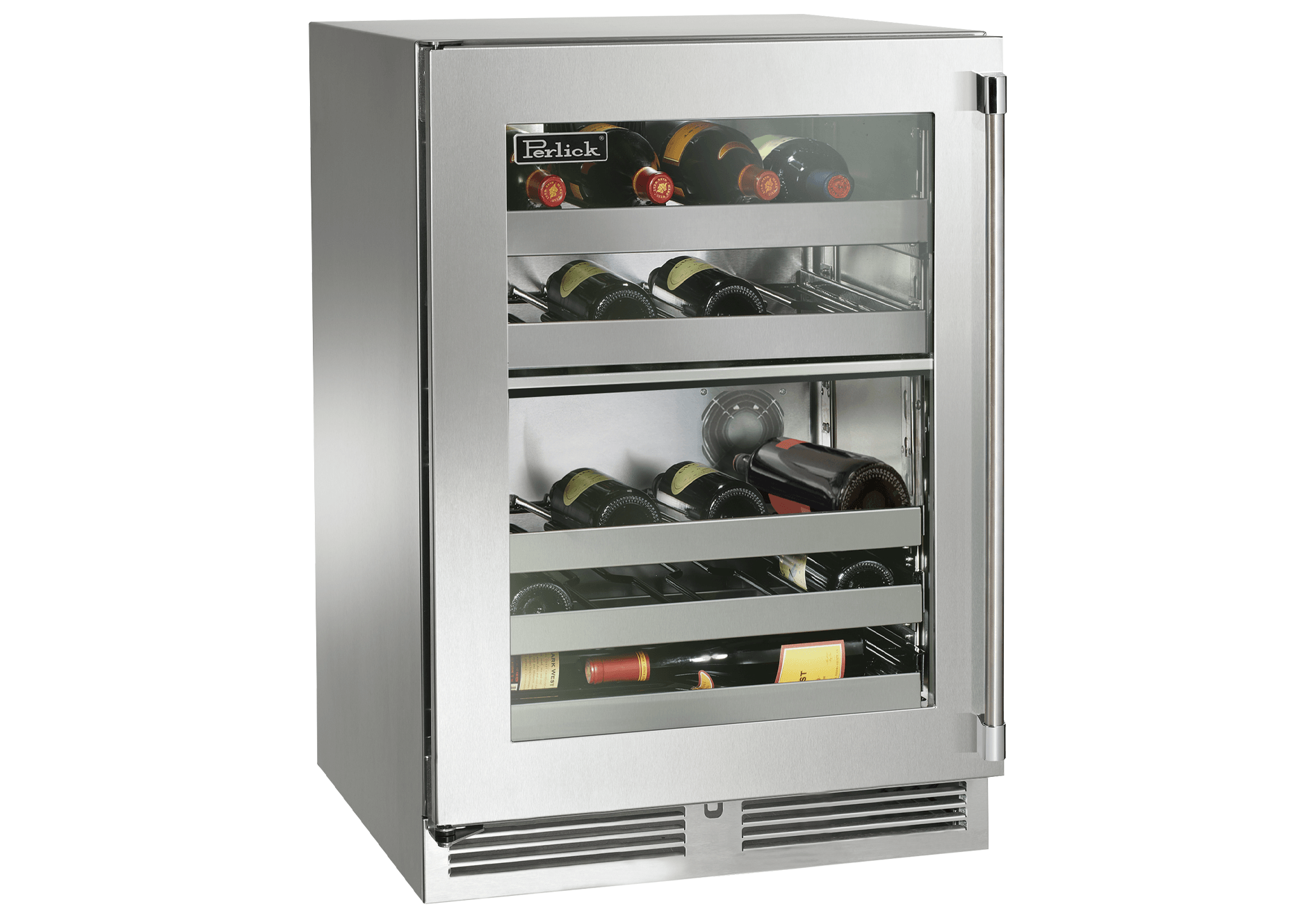Perlick Signature Series 24-Inch Outdoor Built-In Dual Zone Wine Cooler with 32 Bottle Capacity in Stainless Steel with Glass Door (HP24DO-4-3L & HP24DO-4-3R)