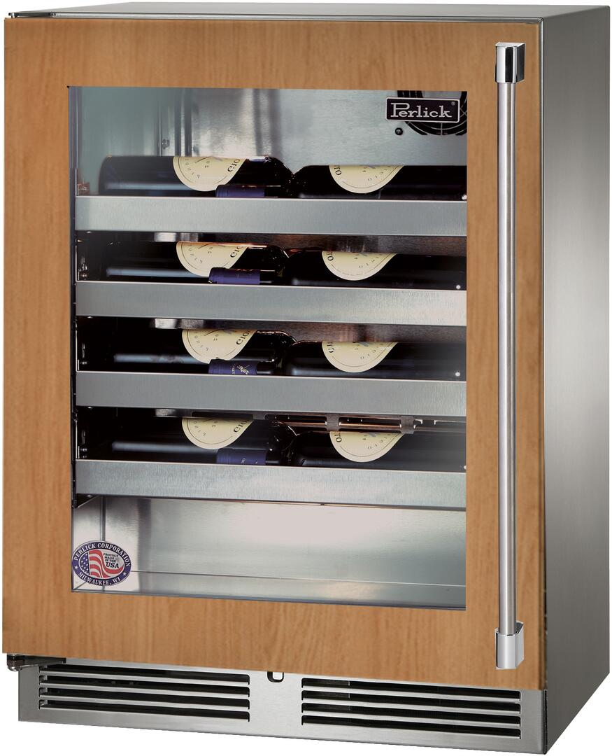 Perlick Signature Series 24-Inch Outdoor Built-In Single Zone Wine Cooler with 20 Bottle Capacity, Panel Ready with Glass Door (HH24WO-4-4L & HH24WO-4-4R)