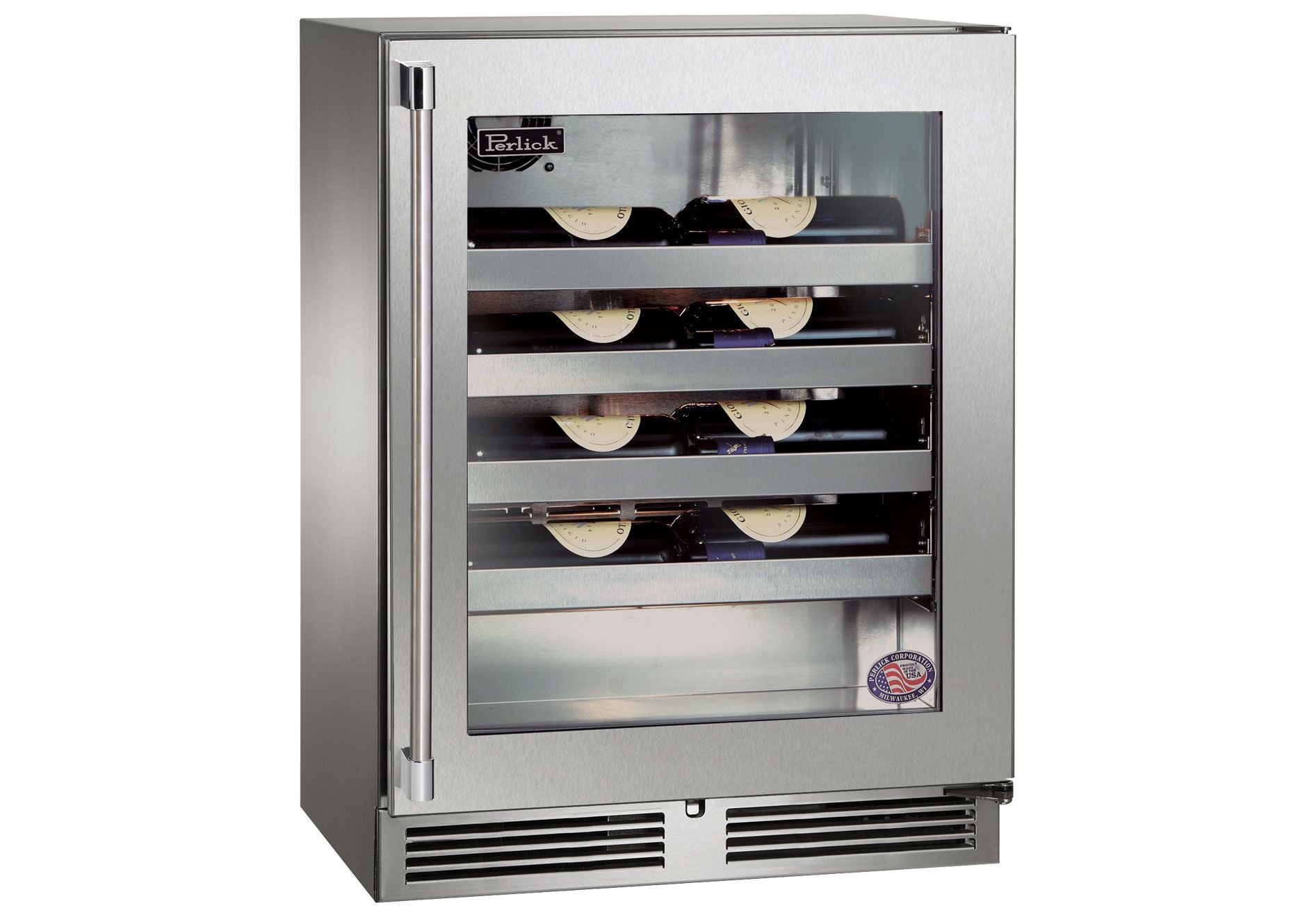 Perlick Signature Series 24-Inch Outdoor Built-In Single Zone Wine Cooler with 20 Bottle Capacity in Stainless Steel with Glass Door (HH24WO-4-3L & HH24WO-4-3R)