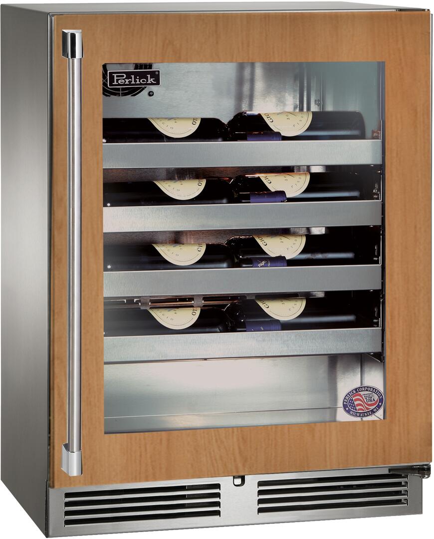 Perlick Signature Series 24-Inch Outdoor Built-In Single Zone Wine Cooler with 20 Bottle Capacity, Panel Ready with Glass Door (HH24WO-4-4L & HH24WO-4-4R)