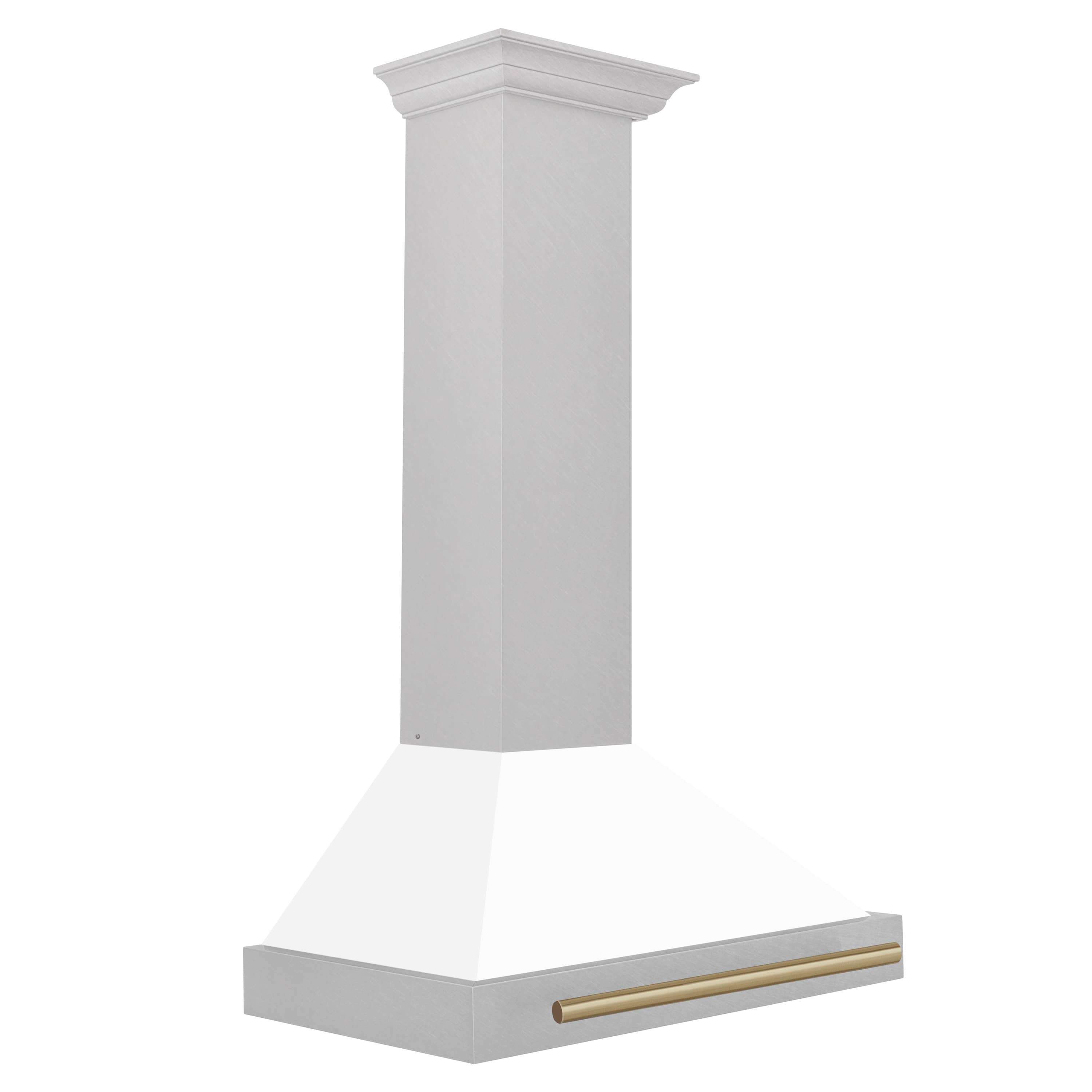 ZLINE 30-Inch Autograph Edition Wall Mounted Range Hood in Satin Stainless Steel with White Matte Shell and Champagne Bronze Handle (KB4SNZ-WM30-CB)