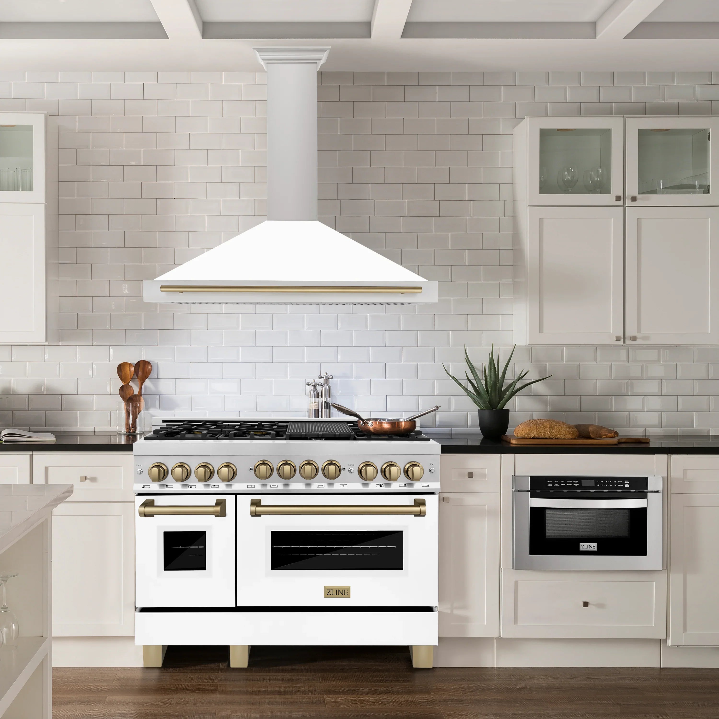 ZLINE 48-Inch Autograph Edition Wall Mounted Range Hood in Stainless Steel with White Matte Shell and Champagne Bronze Accents (KB4STZ-WM48-CB)