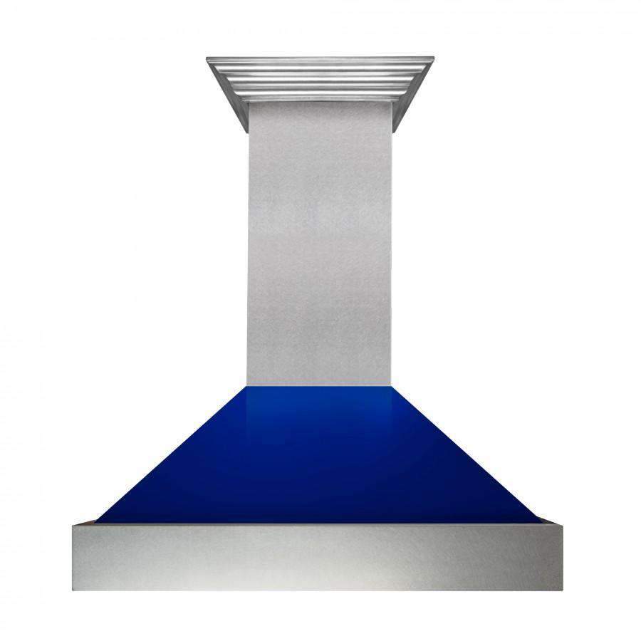 ZLINE 30-Inch Ducted Satin Stainless Steel Wall Mount Range Hood with Blue Gloss Shell (8654BG-30)