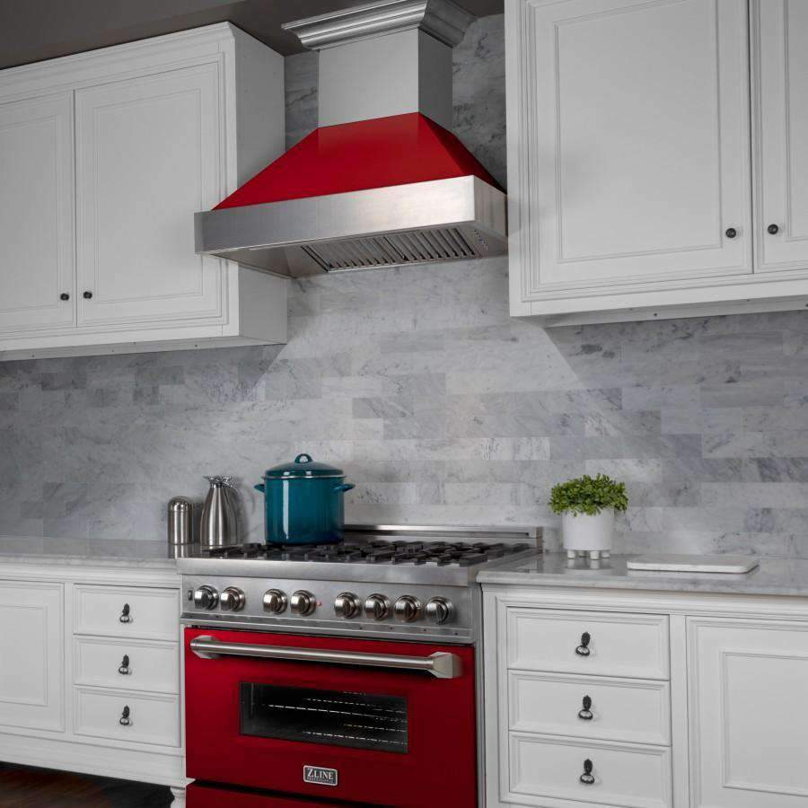 ZLINE 36-Inch Ducted Satin Stainless Steel Wall Mount Range Hood with Red Gloss Shell (8654RG-36)