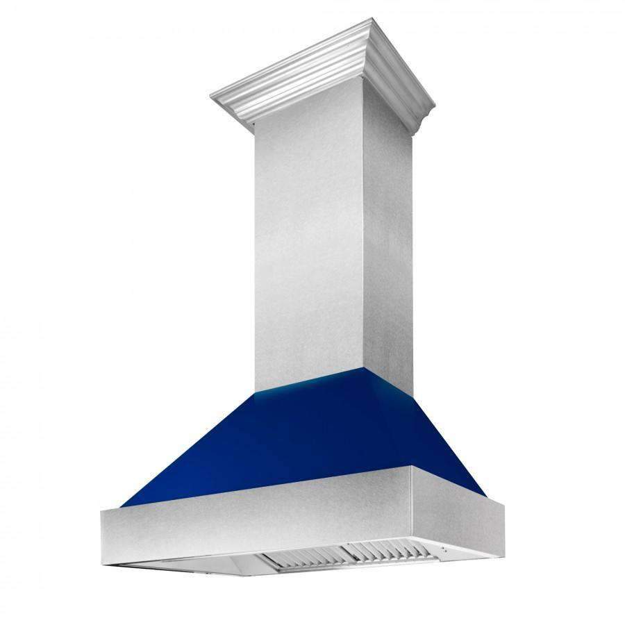 ZLINE 48-Inch Ducted Satin Stainless Steel Wall Mount Range Hood with Blue Gloss Shell (8654BG-48)