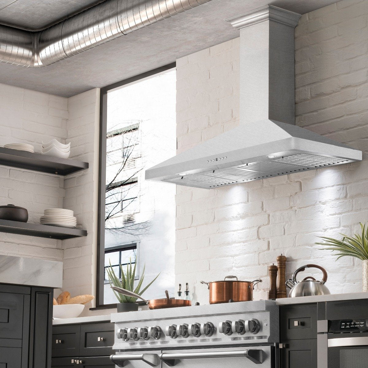 ZLINE 48-Inch Wall Mount Range Hood with Crown Molding in Satin Stainless Steel (8KF2S-48)